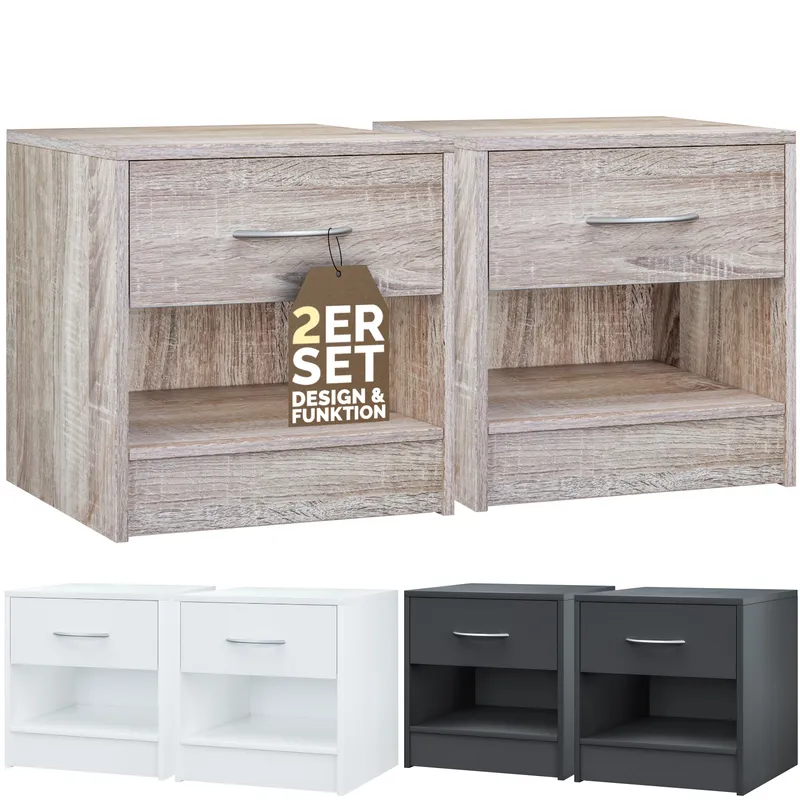 Casaria® Nachttisch Kiel 2er-Set Eiche 41x39x28cm – Produktbild 1 von 2