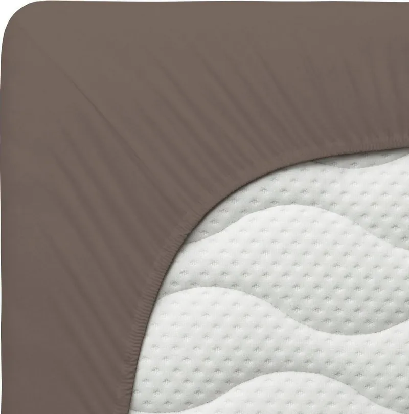 Schlafgut Schlafgut Spannbettlaken PREMIUM Mako-Zwirn-Jersey, 220 g/m², 95% Bio-Baumwolle, 5% Elasthan, Mako-Zwirn-Jersey, Gummizug: rundum, (1 Stück), Bettlaken bis 30 cm Höhe, PREMIUM-Qualität langlebig, perfekter Sitz, Braun, – Produktbild 4 von 5