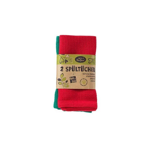 weltPartner weltPartner 2er-Set Spültücher aus Bio-Baumwolle, 30x30 cm, Rot-grün, – Produktbild 2 von 2