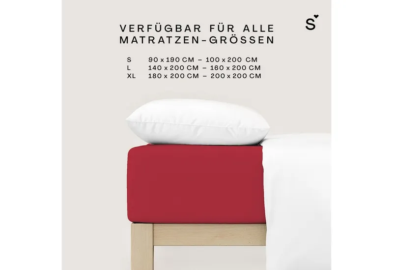 Schlafgut Schlafgut Spannbettlaken Basic Cotton Bettlaken, 160 g/m², 100% Baumwolle, Spannbetttuch, Jersey, Gummizug: rundum, (1 Stück), Spannbettlaken bis 20 cm Matratzenhöhe, bügelfrei und pflegeleicht, Rot, – Produktbild 4 von 5