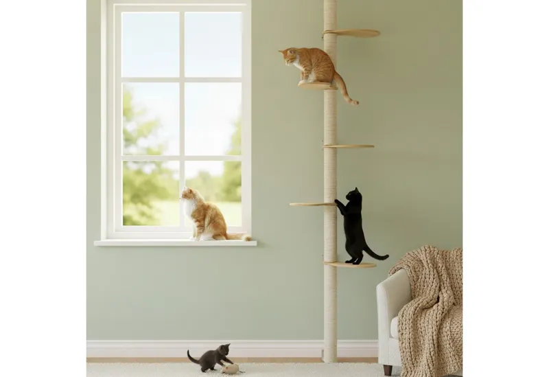 eyepower Kratzbaum zur Wandmontage 240 cm Wandkratzbaum für Katzen mit 5 Bambus Plateaus, Sistammstamm Wand - Katzenkratzbaum platzsparend - Kletterwand Katze, Beige, – Produktbild 2 von 5