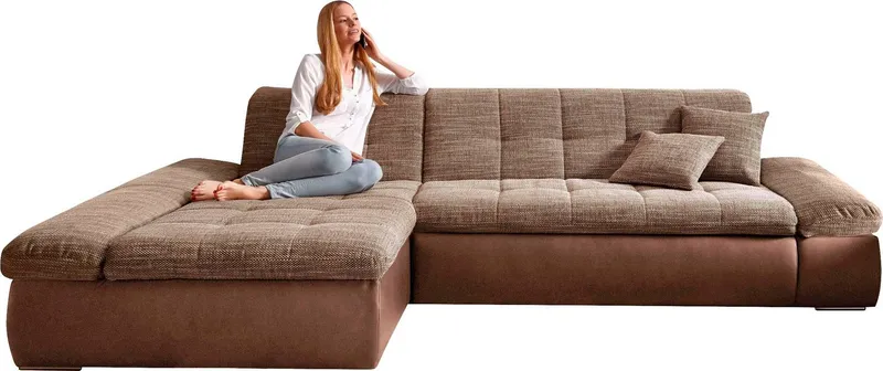 DOMO collection Ecksofa MORIC 300x172 cm, XXL-Sofa mit viel Platz, L-Form, auch in Cord, wahlweise mit Bettfunktion und Armteilverstellung, Beige|braun, – Produktbild 7 von 8