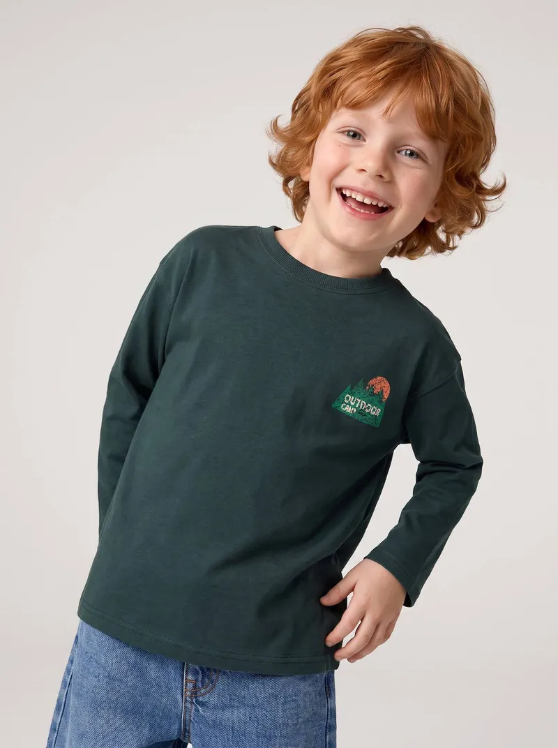 Vertbaudet Shirt Jungen Print vorn und hinten n, Tannengrün, – Produktbild 2 von 4