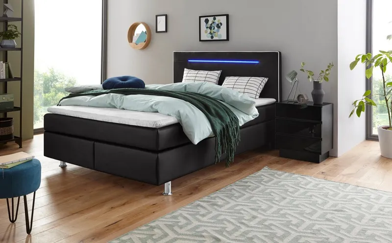 COLLECTION AB Boxspringbett LONDON inkl. Bonnell-Federkernmatratze H2, mit Topper, Kissen & LED, 90/140/180 cm x 200 cm, Schwarz, – Produktbild 6 von 8