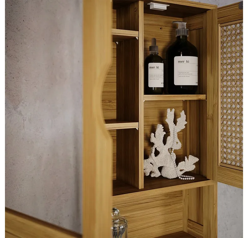Vicco Badezimmerspiegelschrank Liora, Bambus/Rattan, 56 x 58 cm mit Spiegel (1-St), Braun, – Produktbild 4 von 5
