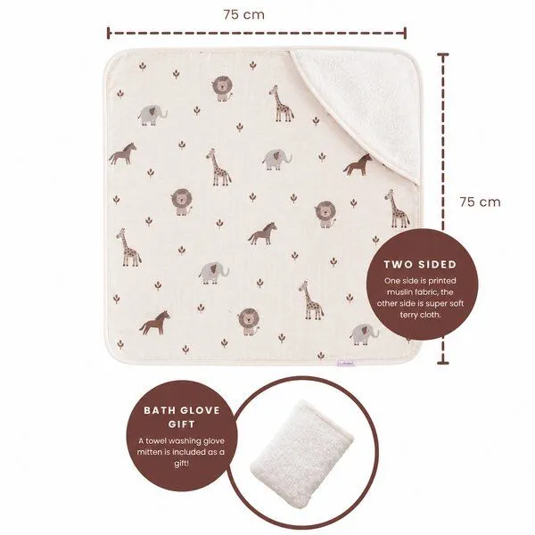 Bebekevi Bebekevi Baby Kapuzenbadetuch 75 × 75 cm aus Musselin & Frottee | Weiche Musselin-Innenseite | inkl. Waschhandschuh | Gemustert, Naturweiß forrest, – Produktbild 3 von 4