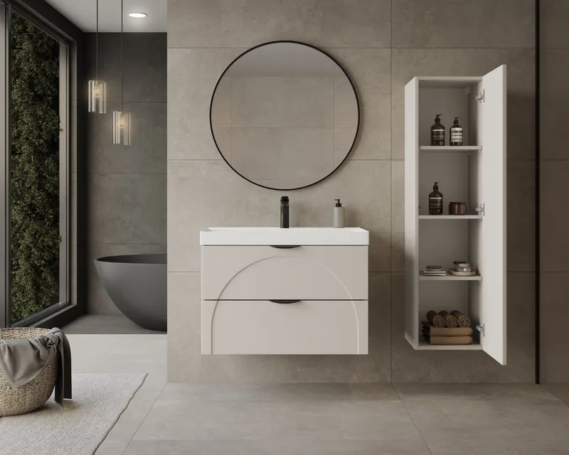 welltime Waschtisch FLOW CIRCLE mit Waschbecken, Breite 60 oder 80cm, modernes Design, Schrank mit 2 Schubladen, Soft-Close-Function, in 2 Breiten erhältlich, Beige, – Produktbild 1 von 4