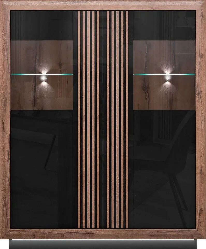 FORTE Highboard Savona, Höhe 161 cm, inkl. Sockelbeleuchtung, Schwarz, – Produktbild 3 von 5