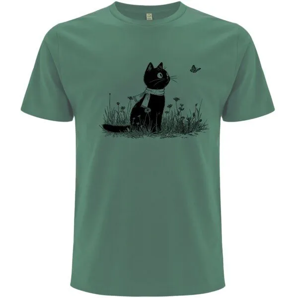 Spreecult Spreecult Katze und Schmetterling - Bio und Fair - Männer Unisex T-Shirt - Butterfly Cat, Sage green, – Produktbild 1 von 2