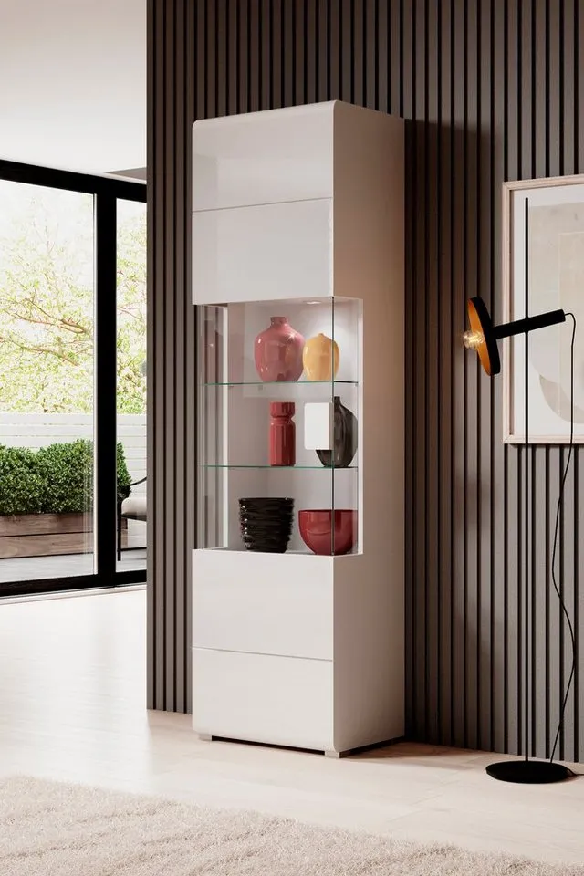 OTTO home Vitrine Toledo,Höhe 204 cm trendige Glasvitrine mit dekorative Fräsungen Standvitrine ohne Beleuchtung, viel Stauraum, hochglanz Front MDF, Weiß, – Produktbild 5 von 5