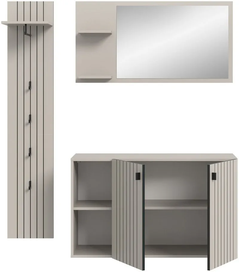 xonox.home Garderoben-Set, (3-tlg. Schuhkommode, Garderobenspiegel & Garderobenpaneel), in Kaschmir Nachbildung B/H/T ca.: 152/192/37 cm, Braun, – Produktbild 4 von 5