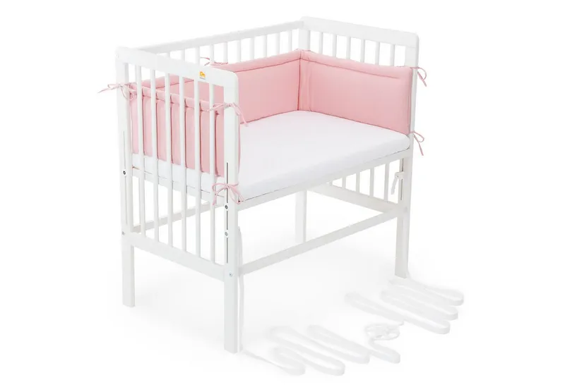 FabiMax Beistellbett Babybett Boxspring weiß lackiert, 90 x 55 cm Liegefläche, aus Buchenholz, Stufenlos höhenverstellbar 40-73 cm, Holz-Lattenrost, Rosa, – Produktbild 1 von 5