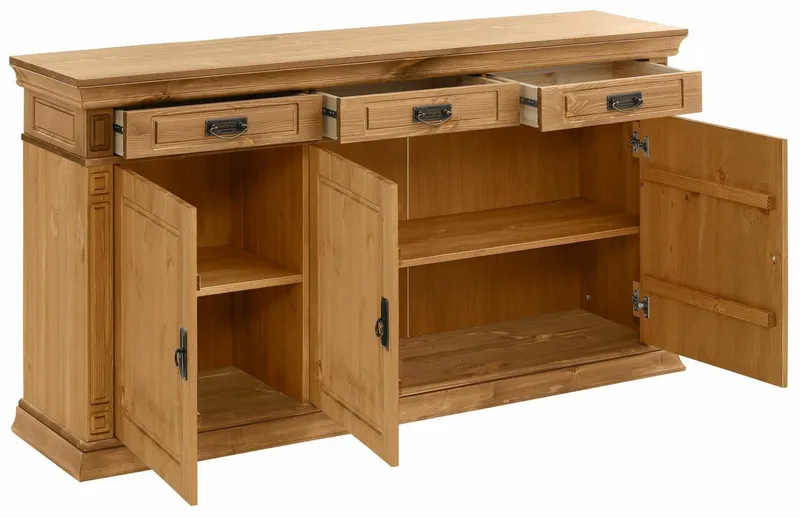 OTTO home Sideboard Vinales, kommode 3 Schubläden, 3 Türen, 2 Einlegeböden (B/T/H: 155/39/83 cm), Messinggriffe im Jugendstil, Zierleiste und eleganter Sockel, Beige, – Produktbild 4 von 5