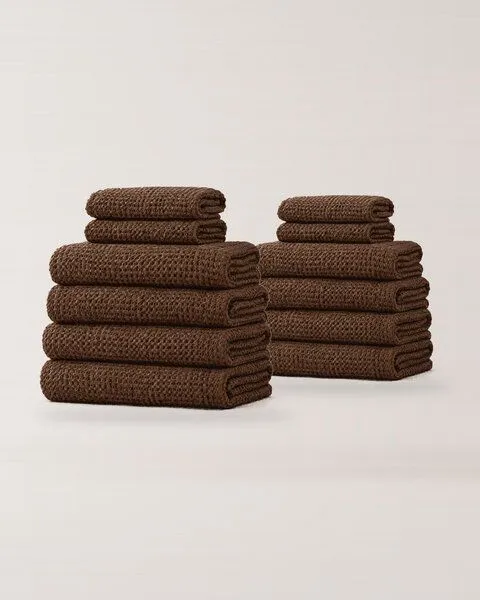 AmourLinen AmourLinen Waffel-Handtuch-Set aus Leinen, Luxe-Pack, 8 Badetücher + 4 Handtücher, Mokka braun, – Produktbild 1 von 3