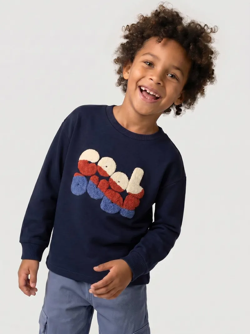 Vertbaudet Shirt mit Bouclé-Print Jungen, Marine, – Produktbild 2 von 3
