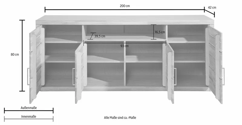 OTTO home Sideboard Logo,200cm breit,42 cm tief,Fronten Massivholz,11 Fächer, Kernbuche massiv, Holzwerkstoff, 4Türen,11 Fächer,Böden versetzbar, Braun, – Produktbild 5 von 5