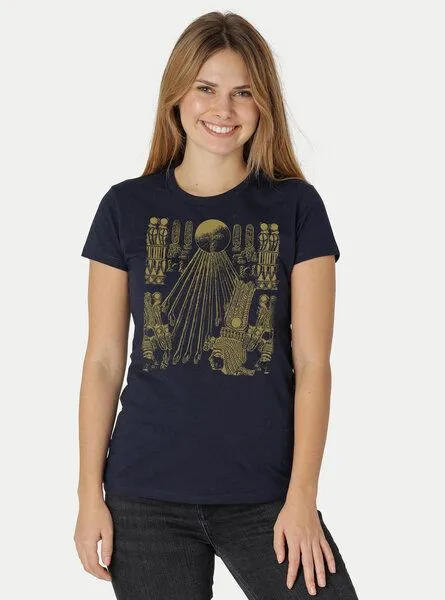 Peaces.bio - handbedruckte Biomode Peaces.bio - handbedruckte Biomode Damen Fit T-Shirt Sonnenscheibe Aton, Navy, – Produktbild 2 von 2