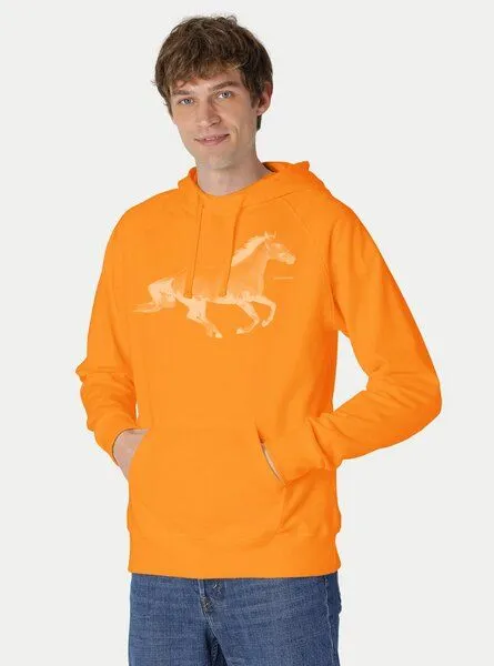 Peaces.bio - handbedruckte Biomode Peaces.bio - handbedruckte Biomode Bio-Herren-Kapuzensweater Horsepower, Hellorange, – Produktbild 1 von 2