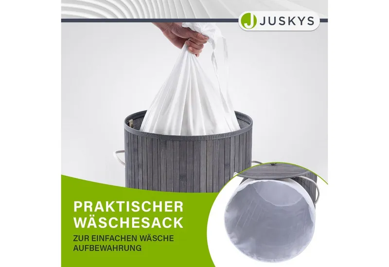 Juskys Wäschekorb Curly-Round 55 L in Grau aus Bambus mit Deckel & Wäschesack, Wäschesammler für 2 Personen, schmal mit Ø 35 x 60 cm & Kordelgriffen, Grau, – Produktbild 4 von 5