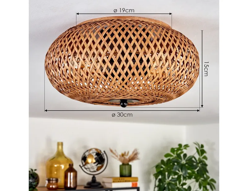 hofstein Deckenleuchte moderne Deckenlampe aus Metall/Bambus/Holz in Schwarz/Natur, ohne Leuchtmittel, Boho-Design Deckenleuchte,Lichteffekt, Ø30cm, 2xE27, ohne Leuchtmittel, Beige|schwarz, – Produktbild 4 von 5