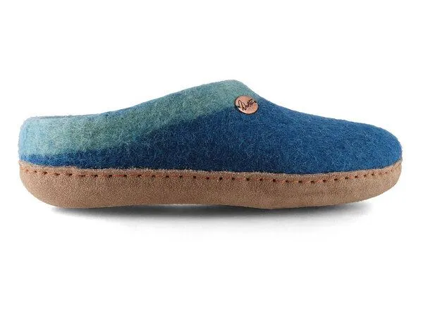 WoolFit WoolFit Sherpa Barfuß-Hausschuhe unisex Filz-Pantoffeln mit Ledersohle, nachhaltig aus 100% Wolle, Blau, – Produktbild 4 von 4