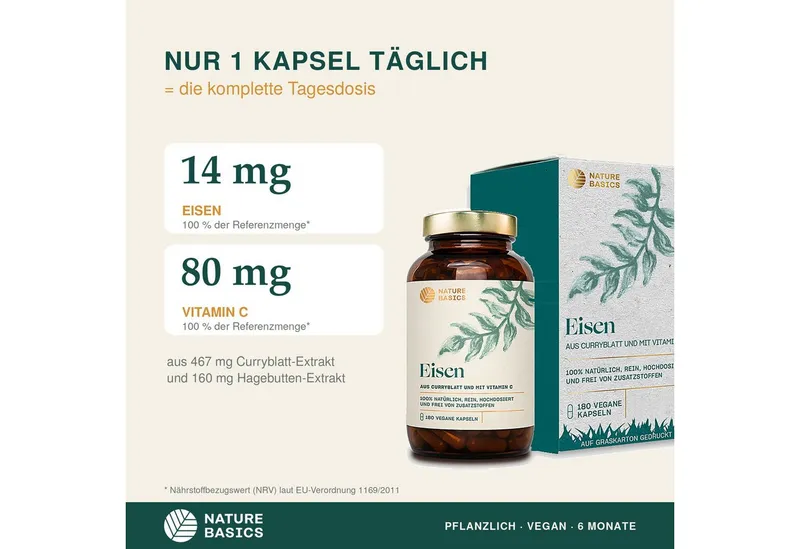 Nature Basics Natürliches Eisen mit Vitamin C Vegan im Braunglas 180 Kapseln, 180 St., 135 g – Produktbild 2 von 5