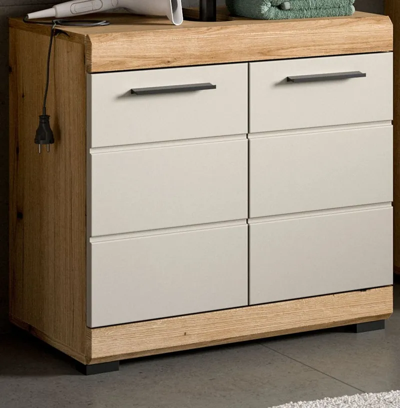 Inn.Furn Waschbeckenunterschrank Shawn (Badschrank in Eiche und Sand / Kaschmir, 2-türig, 60 x 56 cm) mit viel Stauraum, Beige, – Produktbild 5 von 5