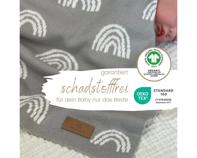 Babydecke DIKOS® aus Bio-Baumwolle - Regenbögen - Baby Decke für Neugeborene, DIKOS, Geschenk zur Geburt - Strickdecke PREMIUM Qualität - atmungsaktiv, Grau, – Produktbild 3 von 5