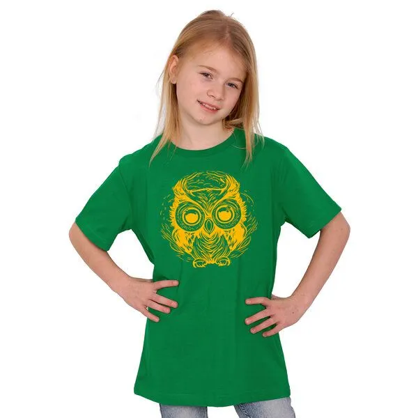 HANDGEDRUCKT HANDGEDRUCKT "Eule" Kinder-T-Shirt reine Biobaumwolle (kbA), Kellygreen, – Produktbild 1 von 3