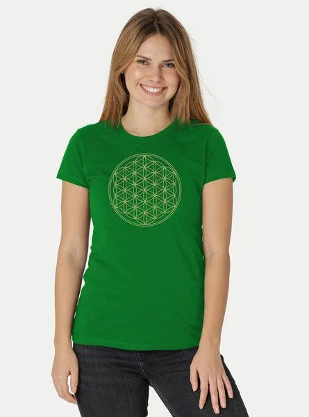 Peaces.bio - handbedruckte Biomode Peaces.bio - handbedruckte Biomode Bio-Damen-T-Shirt Die Blume des Lebens, Grün, – Produktbild 2 von 2
