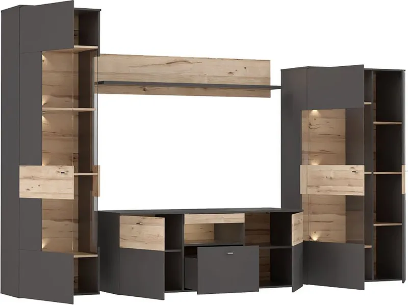 FORTE Wohnwand Como, (4-St., 2x Vitrinen, 1x Lowboard, 1x Wandregal), Korpus und Front matt, Grau, – Produktbild 1 von 5