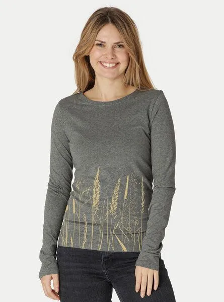 Peaces.bio - handbedruckte Biomode Peaces.bio - handbedruckte Biomode Bio-Damen-Langarmshirt Gräservielfalt, Dunkelgrau, – Produktbild 1 von 2