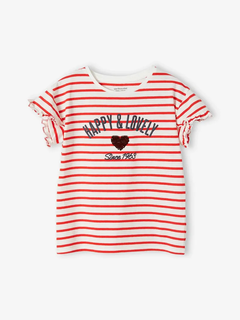 Vertbaudet Mädchen T-Shirt mit Pailletten-Applikation, Rot gestreift/happy&lovely her, – Produktbild 2 von 4