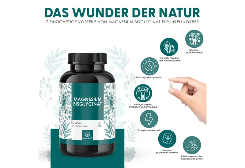 Naturalkraft Magnesium Bisglycinat Kapseln 2400 mg hochdosiert 180 Kapseln - Vegan Kapseln, 165 g – Produktbild 3 von 4