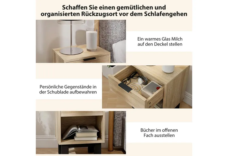 HOMCOM HOMCOM Nachttisch Nachttisch, Nachtschrank mit Schublade, offenes Fach, Eiche (Nachtschrank, 1-St., Nachtkommode), für Schlafzimmer, Wohnzimmer, Eiche, 35 x 26 x 50 cm, Beige, – Produktbild 4 von 5