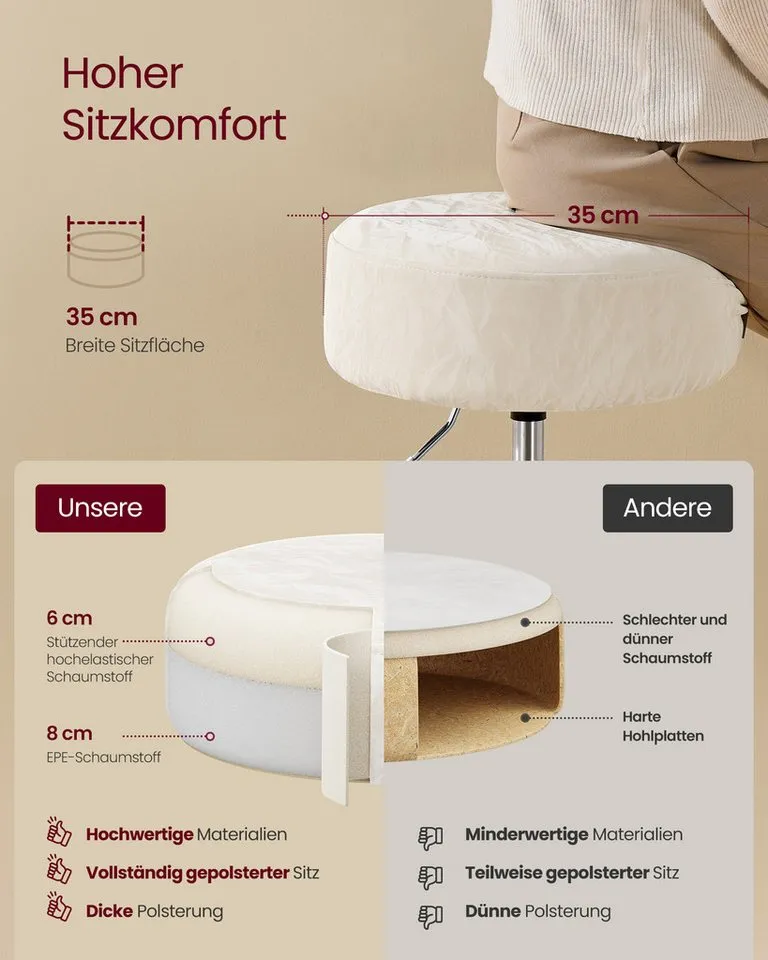 VASAGLE Barhocker Schminkhocker Schminkstuhl höhenverstellbar, 1/2er Set (2 St), für Schlafzimmer, Küche, 360° drehbar, dicke Polsterung, Cremeweiß, – Produktbild 5 von 5