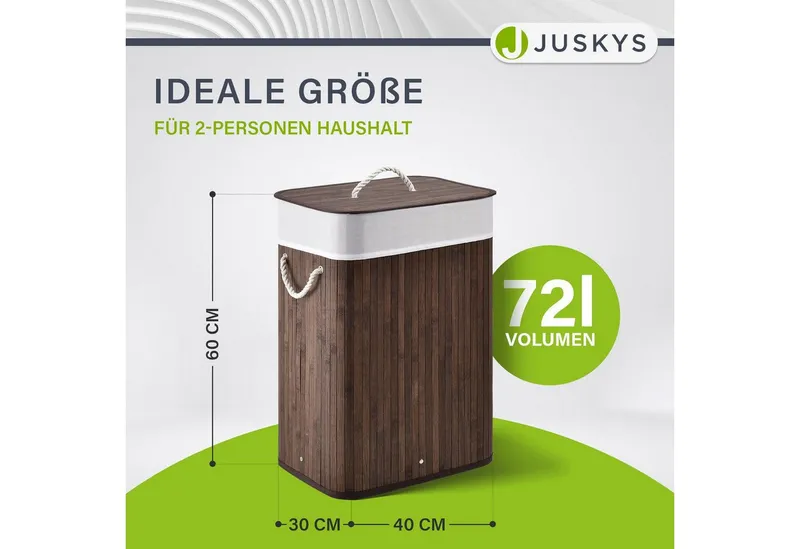Juskys Wäschekorb Curly 72 L in Braun aus Bambus mit Deckel & waschbarem Wäschesack, Wäschesammler für 2 Personen, faltbar mit Griffen, 40 x 30 x 60 cm, Braun, – Produktbild 2 von 5
