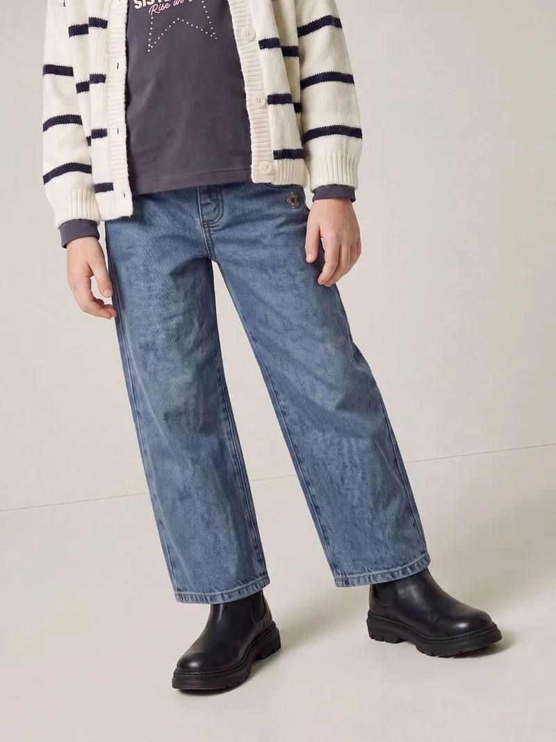 Vertbaudet Weite Mädchen Hose mit Blumenstickerei, Graublau, – Produktbild 1 von 3