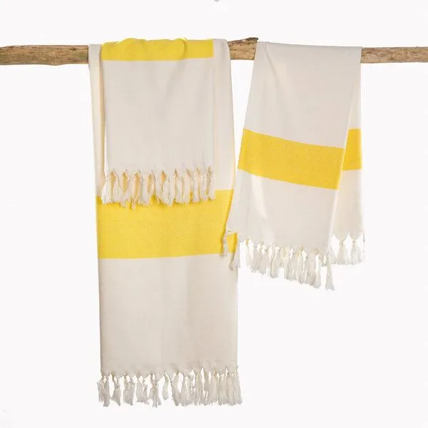 HängemattenGlück HängemattenGlück Hamamtuch/Strandtuch, handgewebt, Bio-Baumwolle, GOTS-zertifiziert, Weiß gelb, – Produktbild 1 von 4
