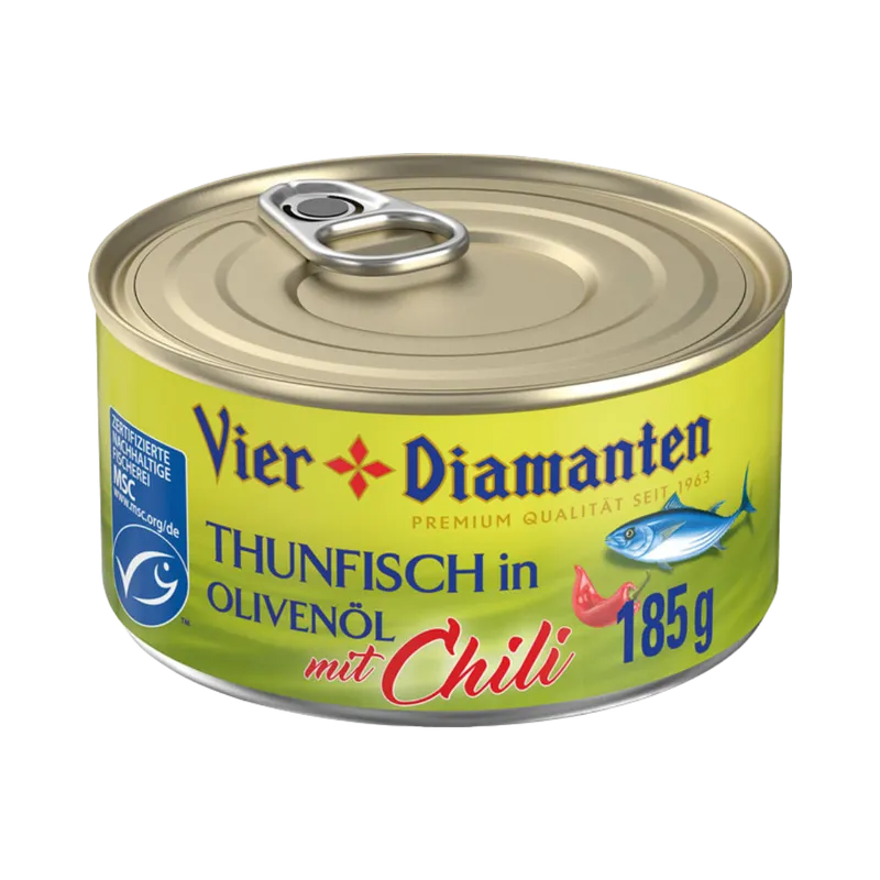 Vier Diamanten Vier Diamanten MSC Thunfisch in Olivenöl mit Chili, 129,5 Gramm (Abtropfgewicht) – Produktbild 1 von 1