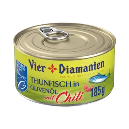 Vier Diamanten Vier Diamanten MSC Thunfisch in Olivenöl mit Chili, 129,5 Gramm (Abtropfgewicht) – Produktbild 1 von 1