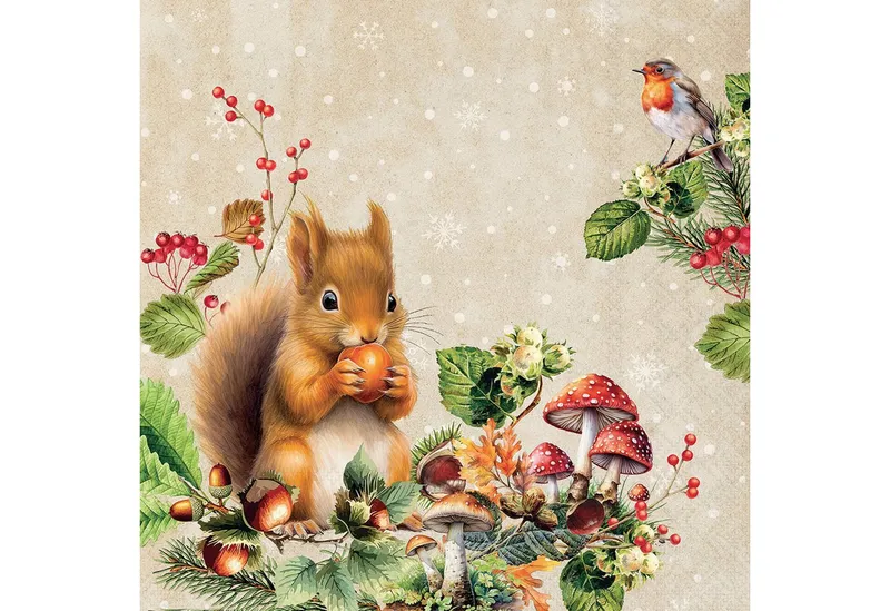 Ambiente Luxury Paper Products Papierserviette, Servietten Papier 33x33cm 3-lagig mit Eichhörnchen Motiv 20 Stück, Beige|braun|grün, – Produktbild 1 von 2