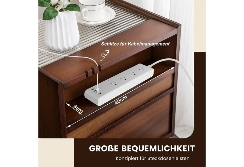 COSTWAY COSTWAY Nachttisch (2-St), mit Schublade und Glastischplatte, aus Bambus & Rattan, Braun, – Produktbild 2 von 5