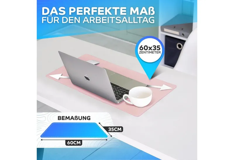 MAXLVL Gaming Mauspad Schreibtischunterlage - Mauspad mit Vernähte Kanten - abwaschbar (60x35 cm, Schreibtisch Unterlage für Büro), Tischunterlage Schreibtisch aus PU-Leder, Rosa, – Produktbild 4 von 5