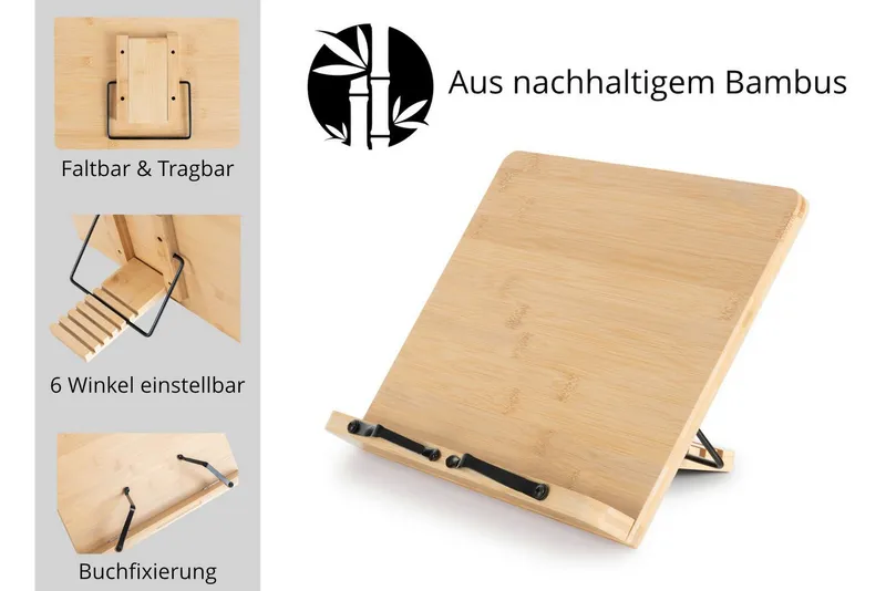 Classic Cantabile Notenpult Classic Cantabile Tischnotenpult Bambus klein, Neigungswinkel in fünf Schritten verstellbar, Braun, – Produktbild 4 von 5