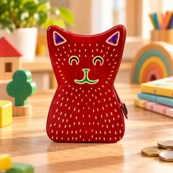 Janselo Katze Kinder-Spardose aus Shanti-Leder in Rot – Produktbild 1 von 4