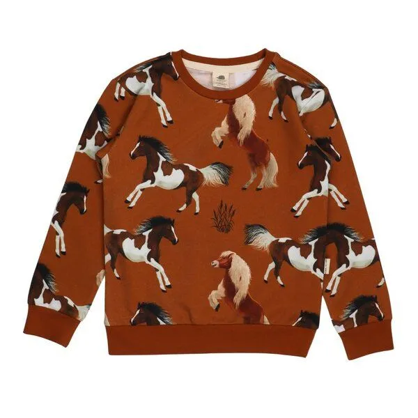 Walkiddy Mädchen Sweatshirt Bio-Baumwolle „Joyful Horses“ rostbraun, weicher Langarm-Pullover von Walkiddy für Schulkinder, kuscheliges Jerseysweat, hautfreundlich & nachhaltig gefertig, Braun, – Produktbild 1 von 3