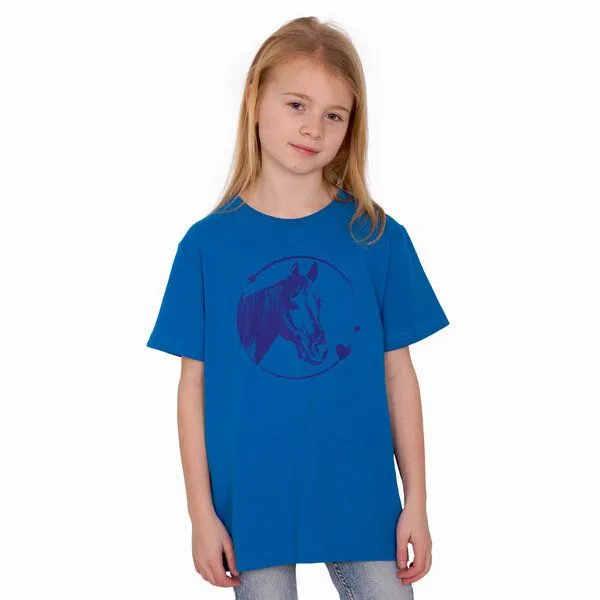 HANDGEDRUCKT HANDGEDRUCKT "Pferdeliebe" Unisex Kinder T-Shirt, Brightblue, – Produktbild 1 von 3