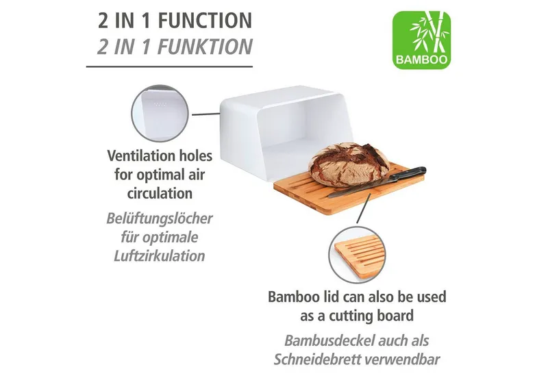 Wenko Wenko Brotkasten Modell Kubo, Bambus, Kunststoff, (1-tlg), moderne Brotbox mit integriertem Schneidebrett als Deckel, Braun|weiß, – Produktbild 3 von 5
