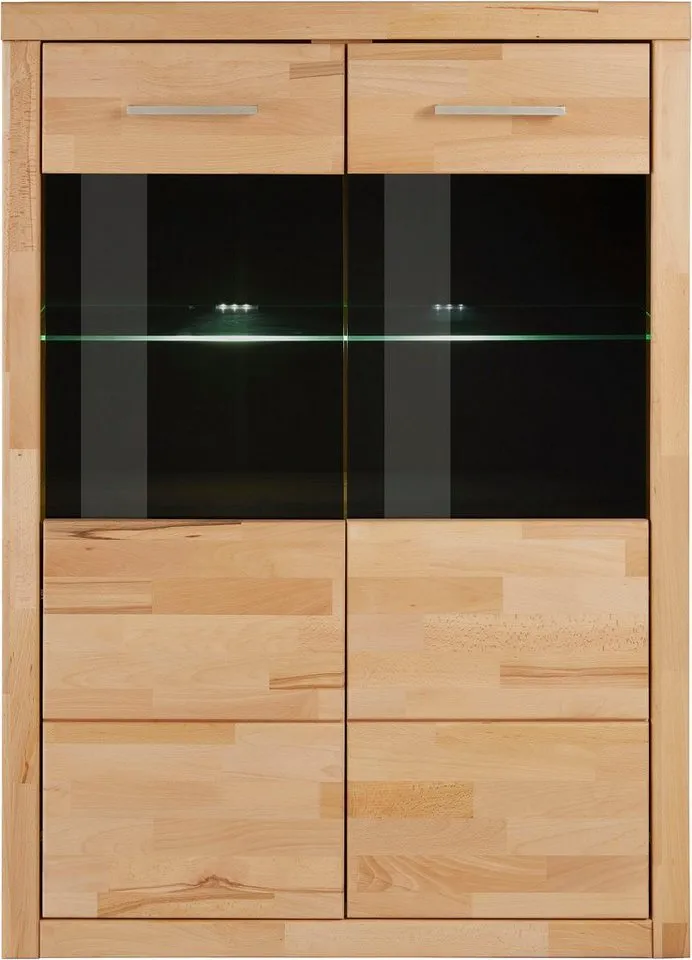 OTTO home Vitrine Ribe, 125 cm hoch, Fronten Massivholz, 4 breite Fächer Korpus Holzwerkstoff, 2Türen mit Glaseinsatz, einlegeboden verstellbar, Braun, – Produktbild 5 von 8